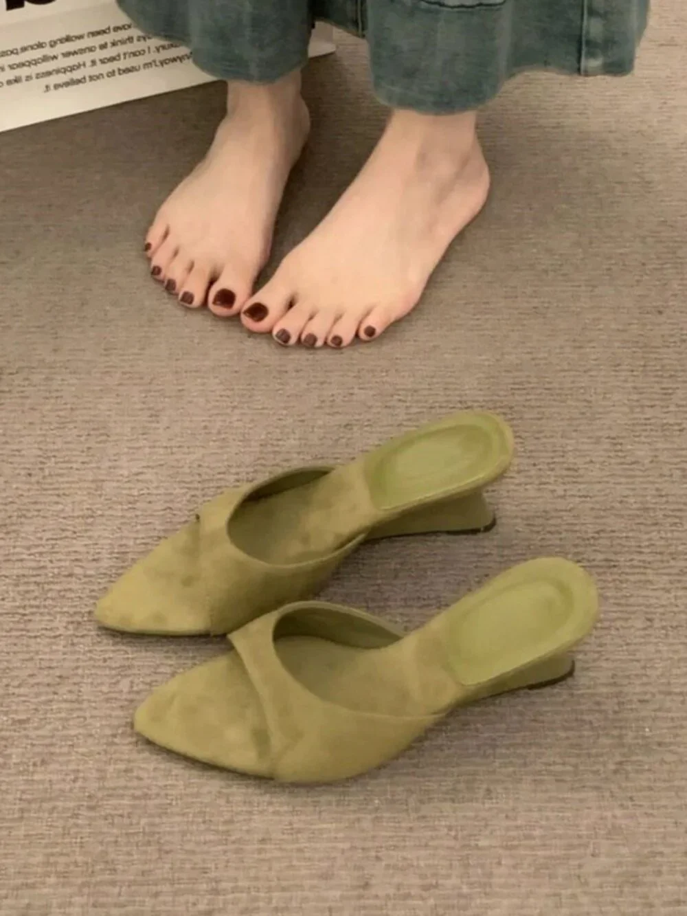 Dark Green Casual Women's Pointed Toe Wedge Slide Sandals